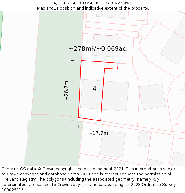 4, FIELDFARE CLOSE, RUGBY, CV23 0WS: Plot and title map