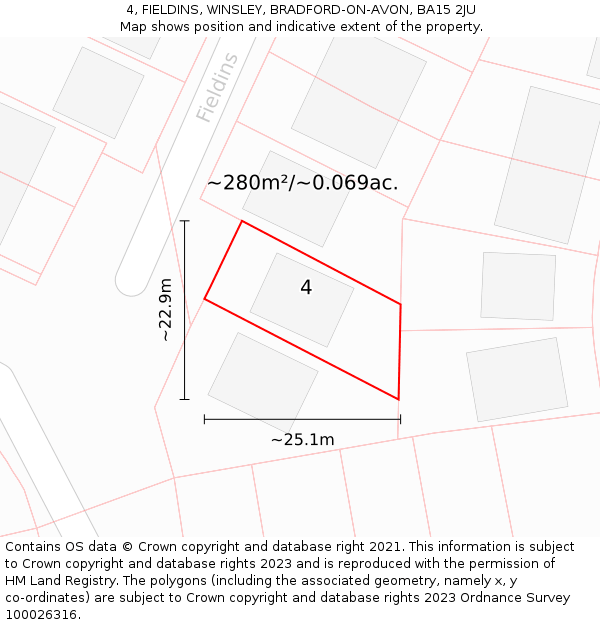 4, FIELDINS, WINSLEY, BRADFORD-ON-AVON, BA15 2JU: Plot and title map