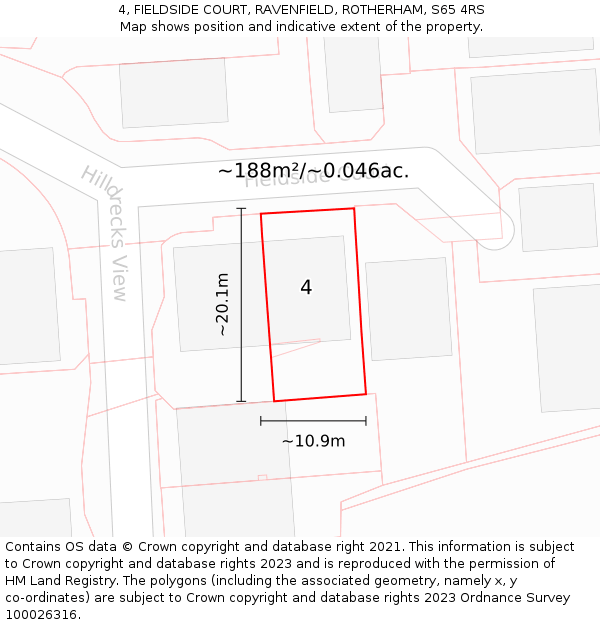 4, FIELDSIDE COURT, RAVENFIELD, ROTHERHAM, S65 4RS: Plot and title map