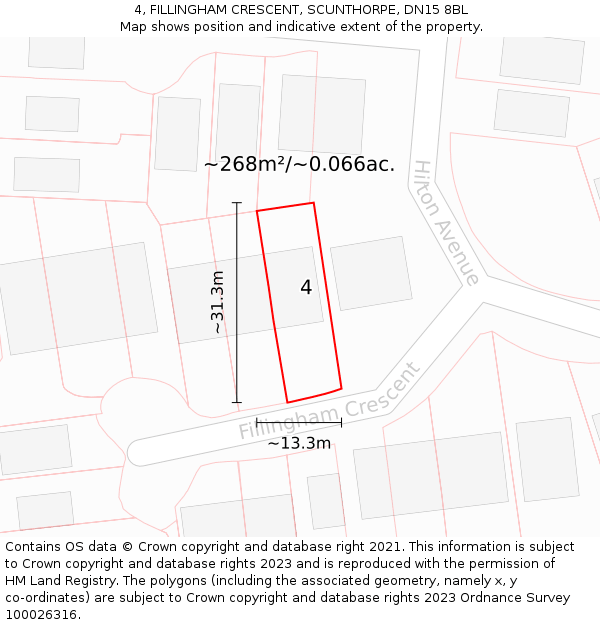 4, FILLINGHAM CRESCENT, SCUNTHORPE, DN15 8BL: Plot and title map