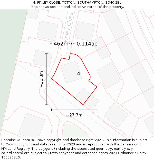 4, FINLEY CLOSE, TOTTON, SOUTHAMPTON, SO40 2BL: Plot and title map