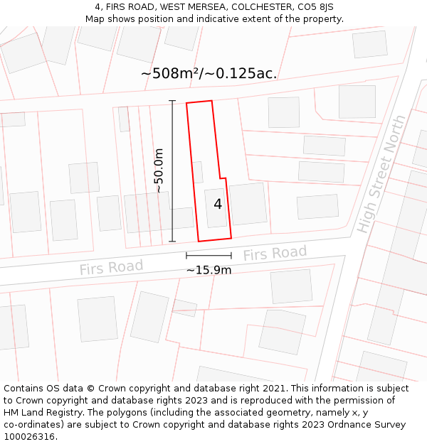 4, FIRS ROAD, WEST MERSEA, COLCHESTER, CO5 8JS: Plot and title map