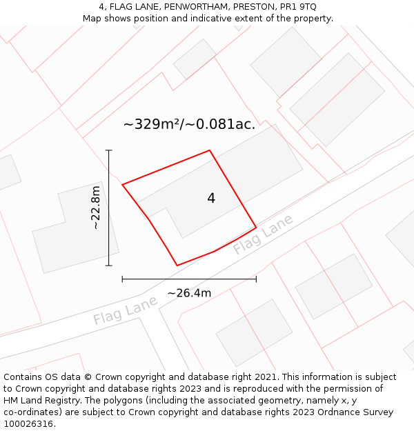 4, FLAG LANE, PENWORTHAM, PRESTON, PR1 9TQ: Plot and title map