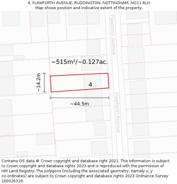 4, FLAWFORTH AVENUE, RUDDINGTON, NOTTINGHAM, NG11 6LH: Plot and title map