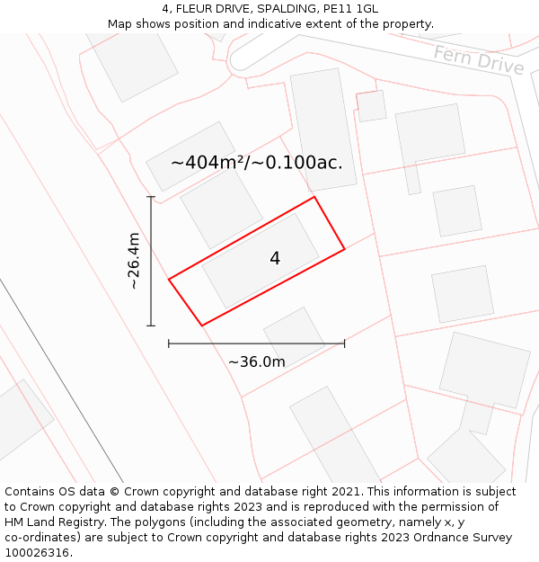 4, FLEUR DRIVE, SPALDING, PE11 1GL: Plot and title map