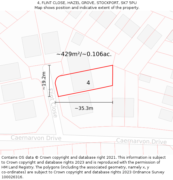 4, FLINT CLOSE, HAZEL GROVE, STOCKPORT, SK7 5PU: Plot and title map