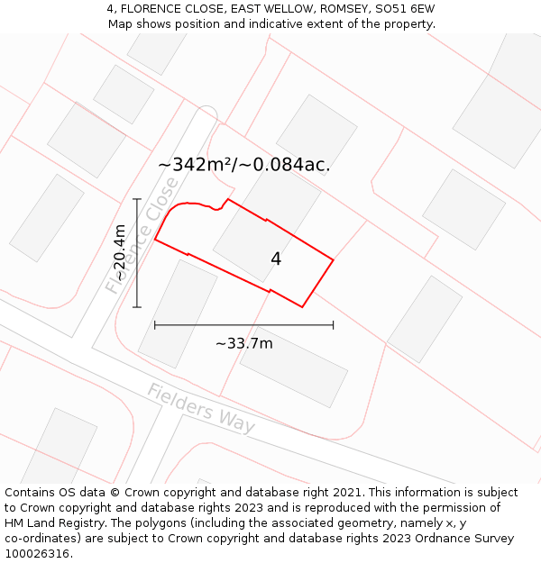 4, FLORENCE CLOSE, EAST WELLOW, ROMSEY, SO51 6EW: Plot and title map