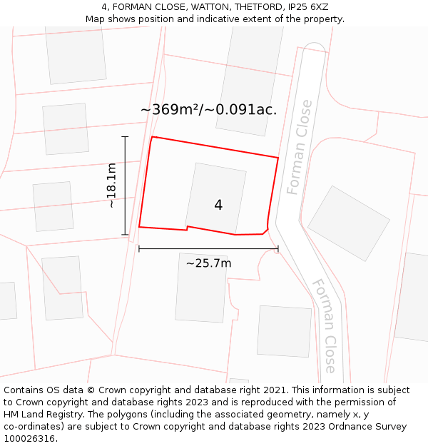 4, FORMAN CLOSE, WATTON, THETFORD, IP25 6XZ: Plot and title map