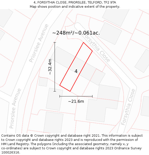 4, FORSYTHIA CLOSE, PRIORSLEE, TELFORD, TF2 9TA: Plot and title map