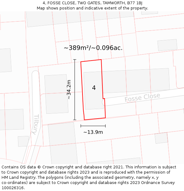 4, FOSSE CLOSE, TWO GATES, TAMWORTH, B77 1BJ: Plot and title map