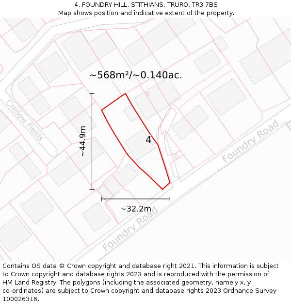 4, FOUNDRY HILL, STITHIANS, TRURO, TR3 7BS: Plot and title map