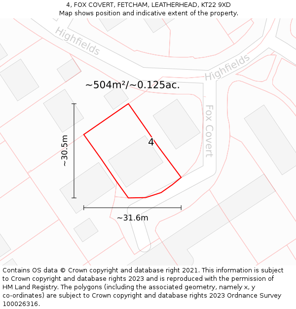 4, FOX COVERT, FETCHAM, LEATHERHEAD, KT22 9XD: Plot and title map