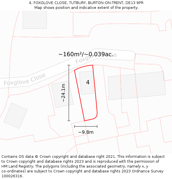 4, FOXGLOVE CLOSE, TUTBURY, BURTON-ON-TRENT, DE13 9PR: Plot and title map