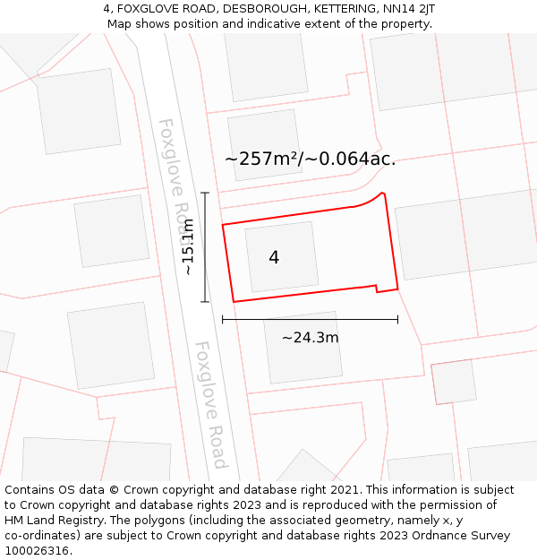 4, FOXGLOVE ROAD, DESBOROUGH, KETTERING, NN14 2JT: Plot and title map