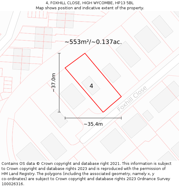 4, FOXHILL CLOSE, HIGH WYCOMBE, HP13 5BL: Plot and title map