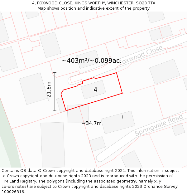 4, FOXWOOD CLOSE, KINGS WORTHY, WINCHESTER, SO23 7TX: Plot and title map