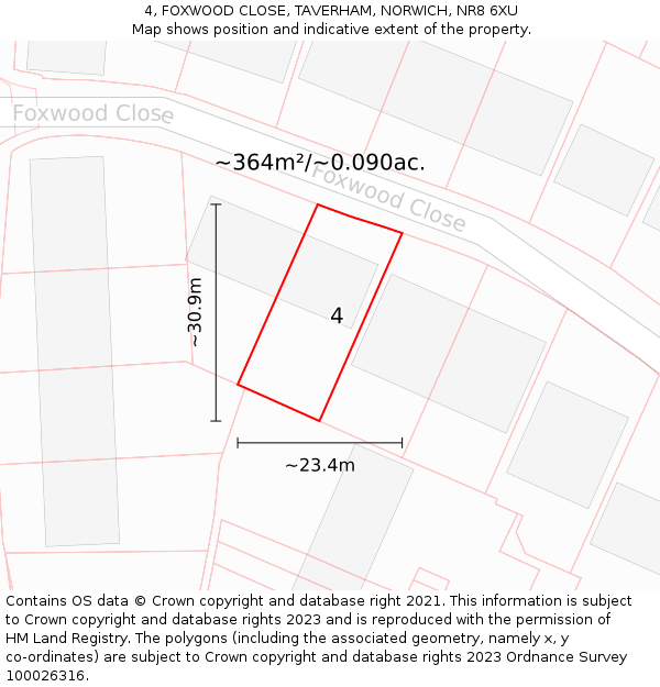 4, FOXWOOD CLOSE, TAVERHAM, NORWICH, NR8 6XU: Plot and title map