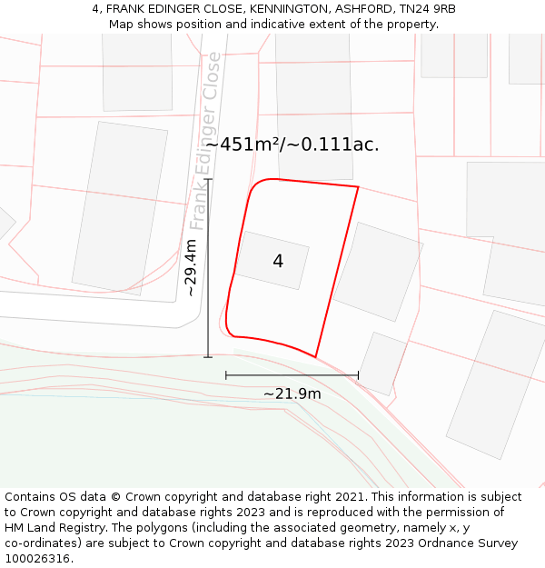 4, FRANK EDINGER CLOSE, KENNINGTON, ASHFORD, TN24 9RB: Plot and title map