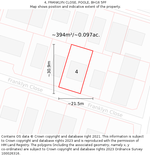 4, FRANKLYN CLOSE, POOLE, BH16 5PF: Plot and title map