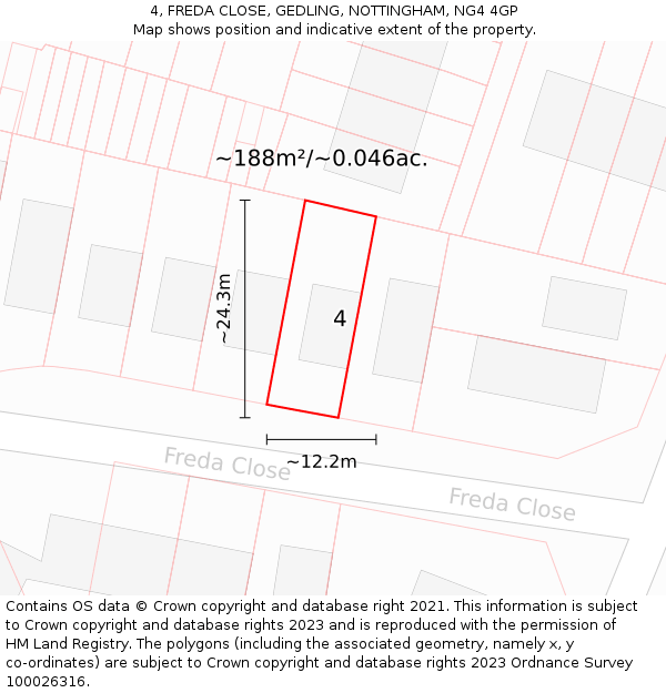 4, FREDA CLOSE, GEDLING, NOTTINGHAM, NG4 4GP: Plot and title map