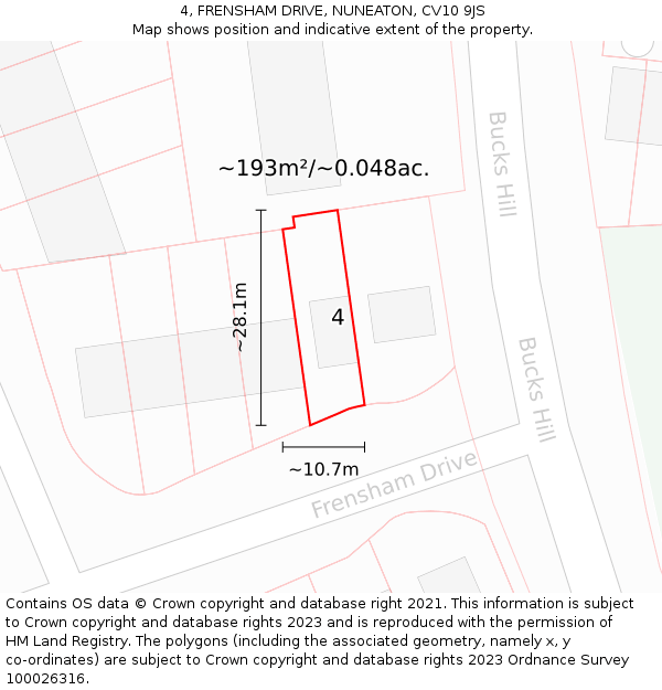 4, FRENSHAM DRIVE, NUNEATON, CV10 9JS: Plot and title map