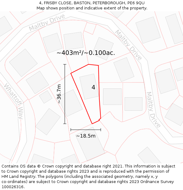 4, FRISBY CLOSE, BASTON, PETERBOROUGH, PE6 9QU: Plot and title map