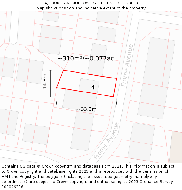 4, FROME AVENUE, OADBY, LEICESTER, LE2 4GB: Plot and title map