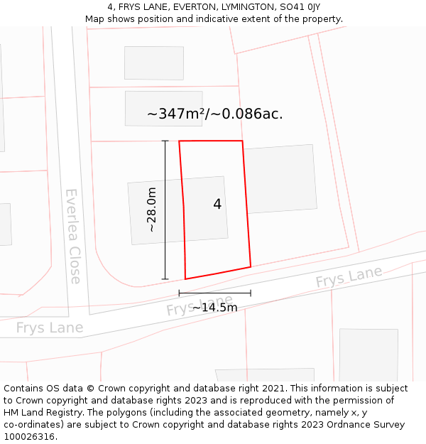 4, FRYS LANE, EVERTON, LYMINGTON, SO41 0JY: Plot and title map