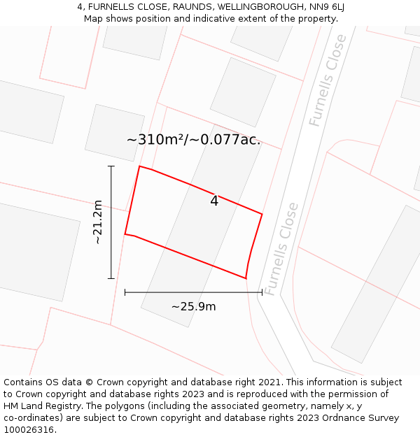 4, FURNELLS CLOSE, RAUNDS, WELLINGBOROUGH, NN9 6LJ: Plot and title map