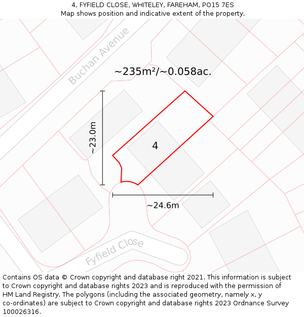 4, FYFIELD CLOSE, WHITELEY, FAREHAM, PO15 7ES: Plot and title map