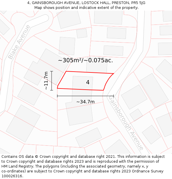 4, GAINSBOROUGH AVENUE, LOSTOCK HALL, PRESTON, PR5 5JG: Plot and title map