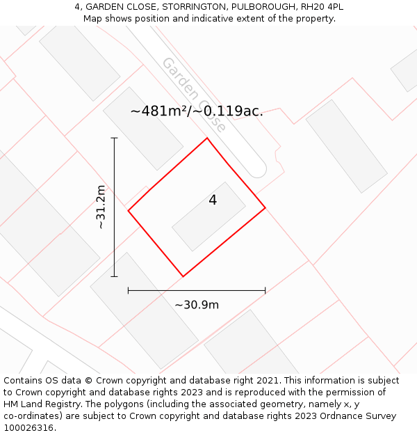 4, GARDEN CLOSE, STORRINGTON, PULBOROUGH, RH20 4PL: Plot and title map