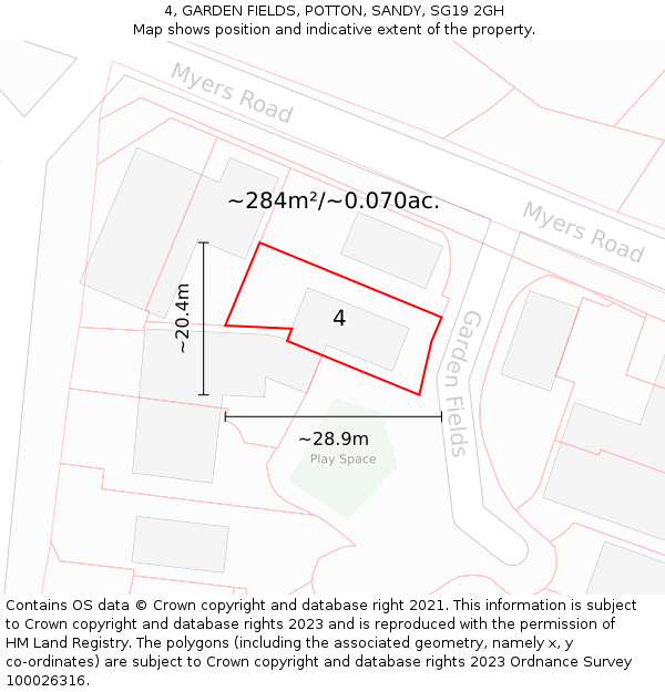 4, GARDEN FIELDS, POTTON, SANDY, SG19 2GH: Plot and title map