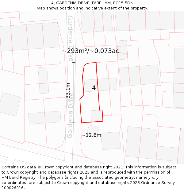 4, GARDENIA DRIVE, FAREHAM, PO15 5DN: Plot and title map