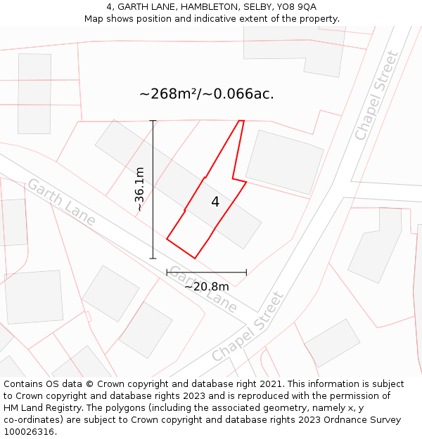 4, GARTH LANE, HAMBLETON, SELBY, YO8 9QA: Plot and title map