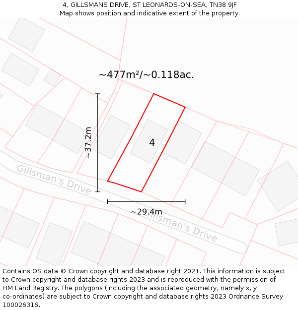 4, GILLSMANS DRIVE, ST LEONARDS-ON-SEA, TN38 9JF: Plot and title map