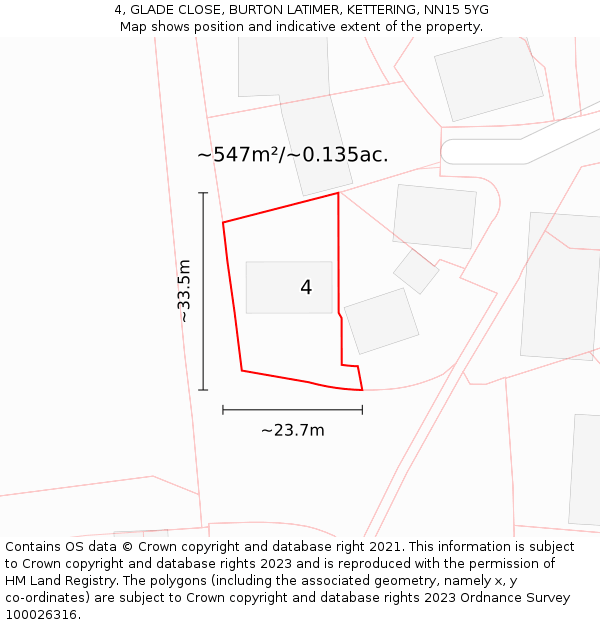 4, GLADE CLOSE, BURTON LATIMER, KETTERING, NN15 5YG: Plot and title map