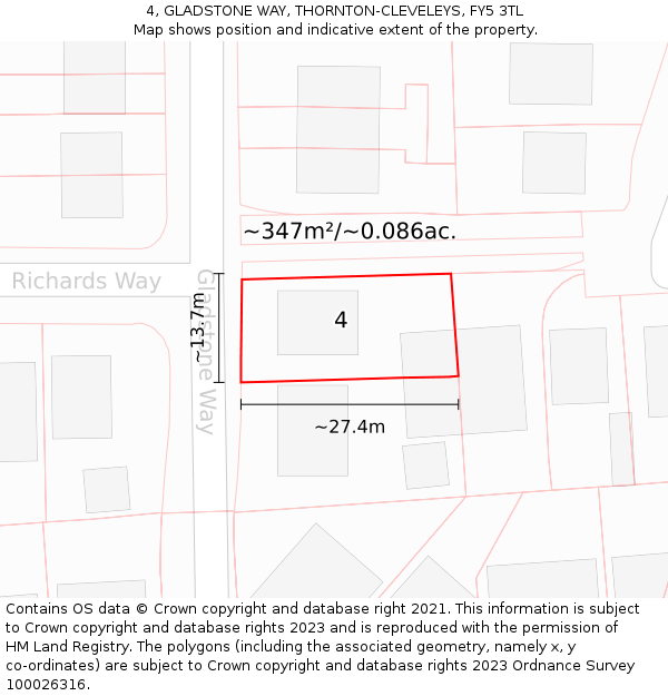 4, GLADSTONE WAY, THORNTON-CLEVELEYS, FY5 3TL: Plot and title map