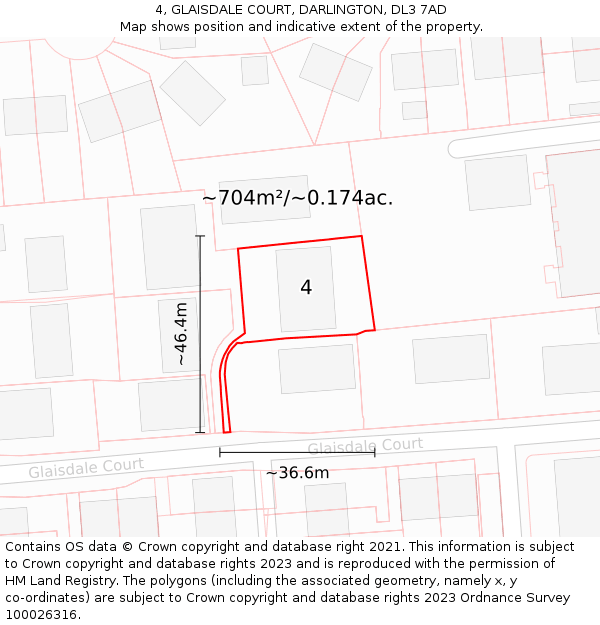 4, GLAISDALE COURT, DARLINGTON, DL3 7AD: Plot and title map