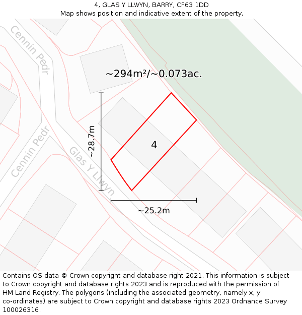 4, GLAS Y LLWYN, BARRY, CF63 1DD: Plot and title map