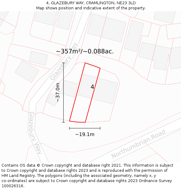 4, GLAZEBURY WAY, CRAMLINGTON, NE23 3LD: Plot and title map