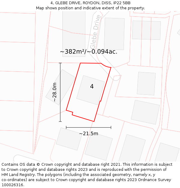 4, GLEBE DRIVE, ROYDON, DISS, IP22 5BB: Plot and title map