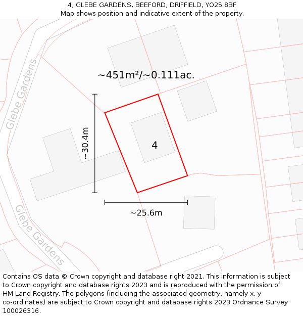 4, GLEBE GARDENS, BEEFORD, DRIFFIELD, YO25 8BF: Plot and title map