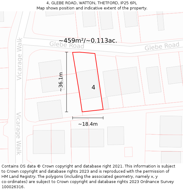 4, GLEBE ROAD, WATTON, THETFORD, IP25 6PL: Plot and title map