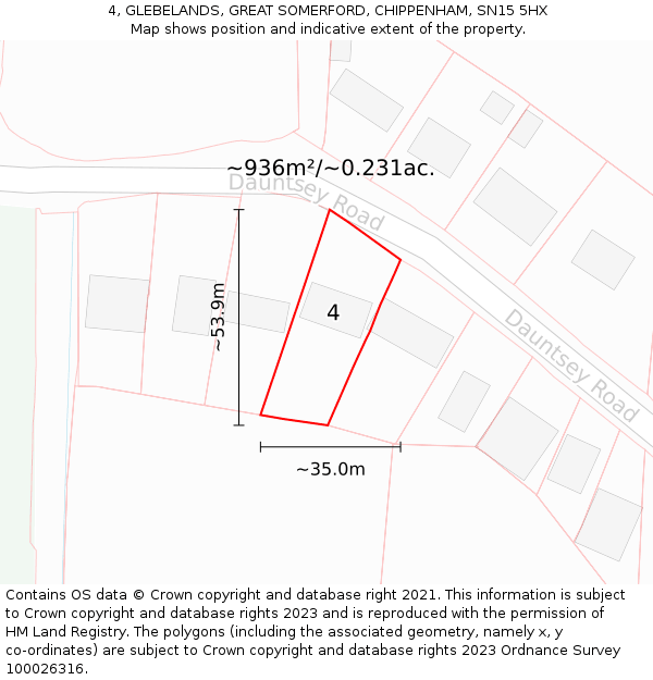 4, GLEBELANDS, GREAT SOMERFORD, CHIPPENHAM, SN15 5HX: Plot and title map