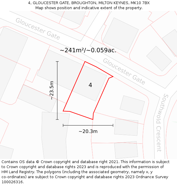 4, GLOUCESTER GATE, BROUGHTON, MILTON KEYNES, MK10 7BX: Plot and title map