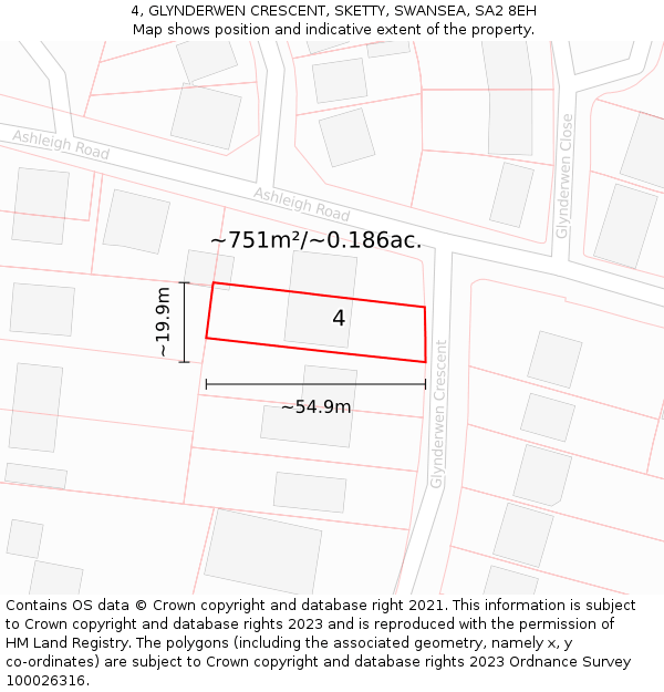 4, GLYNDERWEN CRESCENT, SKETTY, SWANSEA, SA2 8EH: Plot and title map