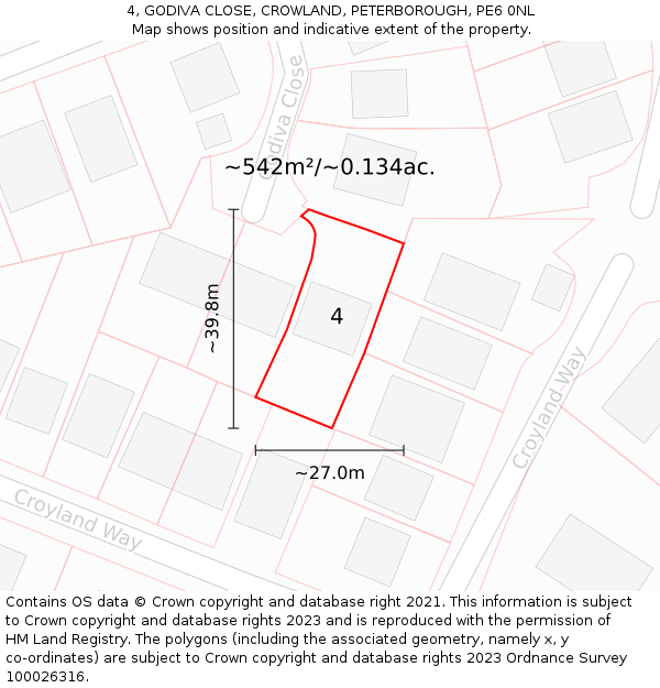 4, GODIVA CLOSE, CROWLAND, PETERBOROUGH, PE6 0NL: Plot and title map