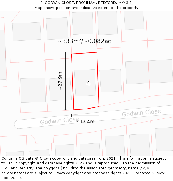 4, GODWIN CLOSE, BROMHAM, BEDFORD, MK43 8JJ: Plot and title map