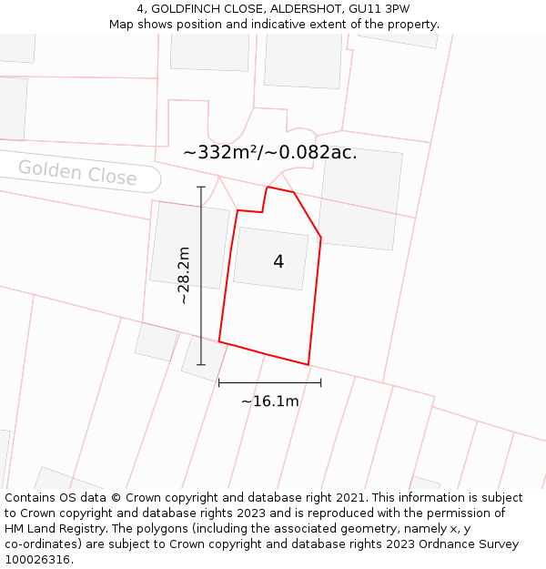 4, GOLDFINCH CLOSE, ALDERSHOT, GU11 3PW: Plot and title map